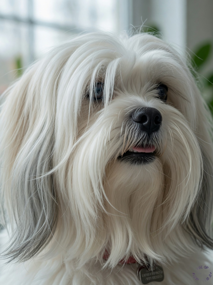 Close-up do rosto de um Lhasa Apso branco mostrando características típicas da raça com pelo longo cobrindo os olhos