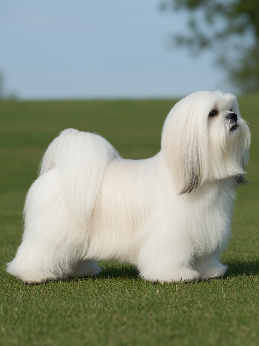 Lhasa Apso branco de corpo inteiro em perfil mostrando estrutura corporal compacta e pelagem longa característica da raça