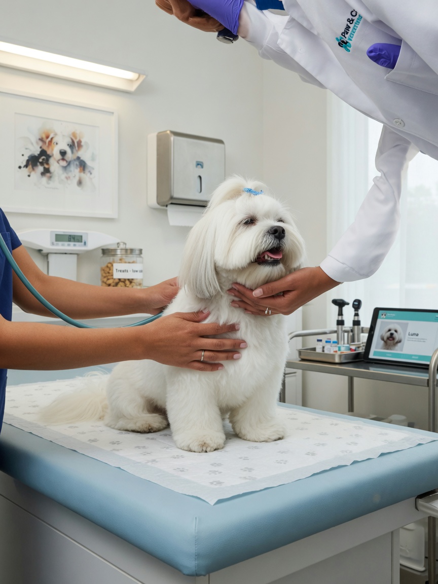 Lhasa Apso branco sendo examinado por veterinário em clínica moderna, demonstrando cuidados de saúde essenciais para a raça