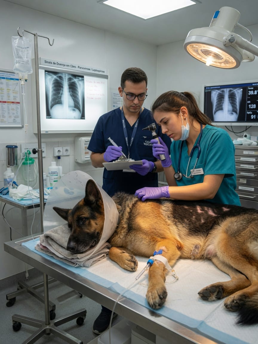 Cachorro golden retriever doente deitado em manta, com aparência letárgica e olhar triste, ilustrando sinais clínicos de doença em pets