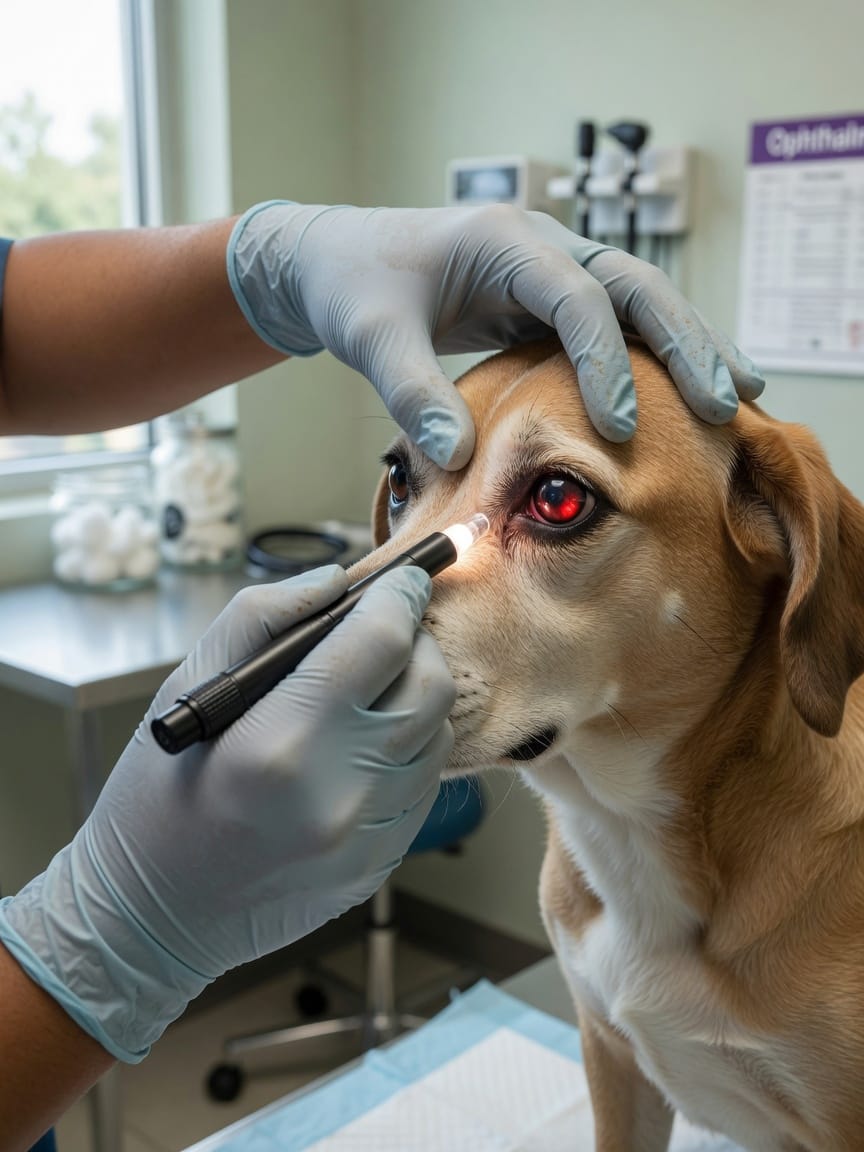 Veterinário examinando olhos de cachorro com lanterna clínica durante consulta de rotina