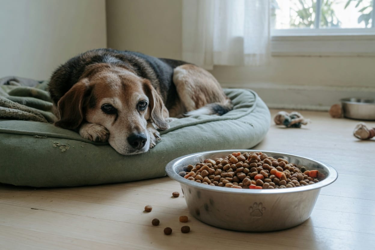 Cachorro doente recusando alimentação com tigela de ração intocada em primeiro plano