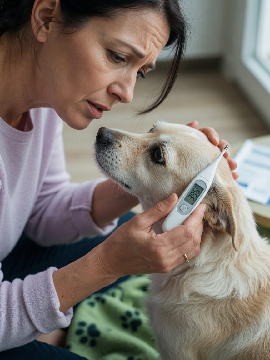 Tutor verificando temperatura do cachorro com termômetro digital durante avaliação de saúde em casa